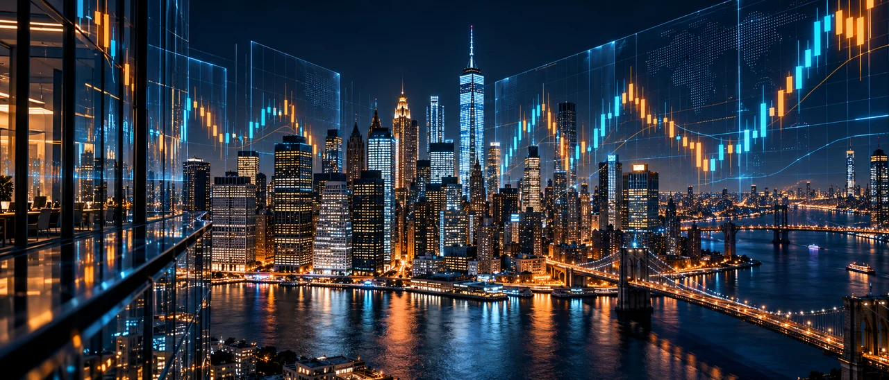 Original illustration of a financial city skyline and market data charts