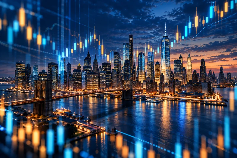 Financial city skyline with illustrative market trend overlays